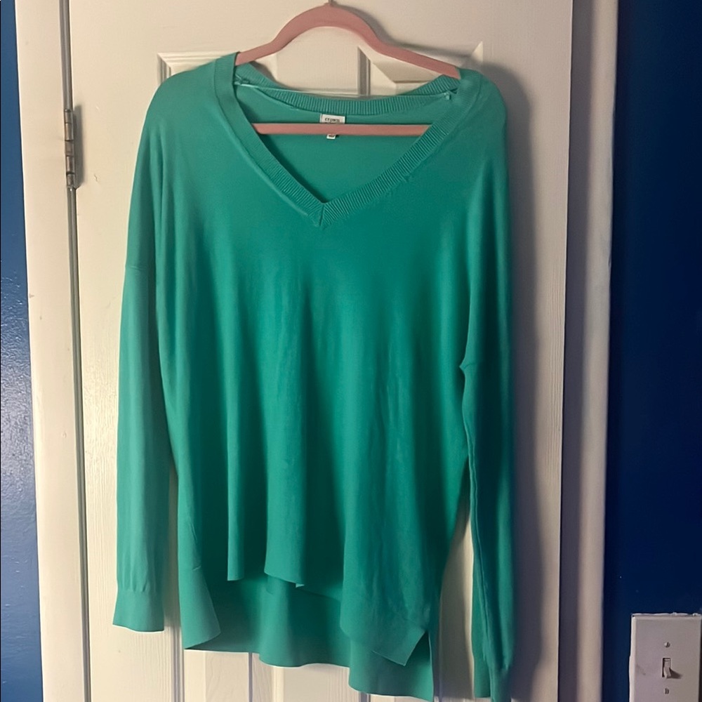 Crown & Ivy Green Asymmetrical V-Neck Sweater